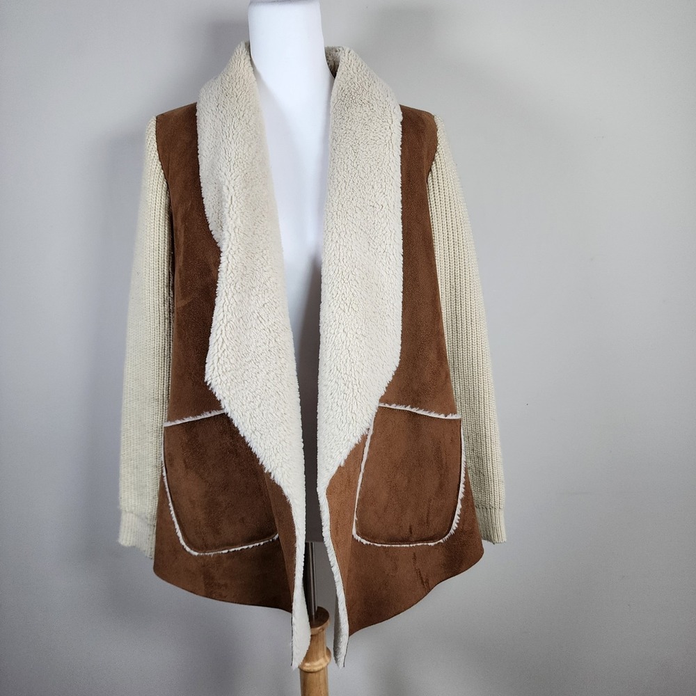 Anthropologie Moth Sherpa Faux Suede Moto Sweater Knit Jacket Womens XS Boho